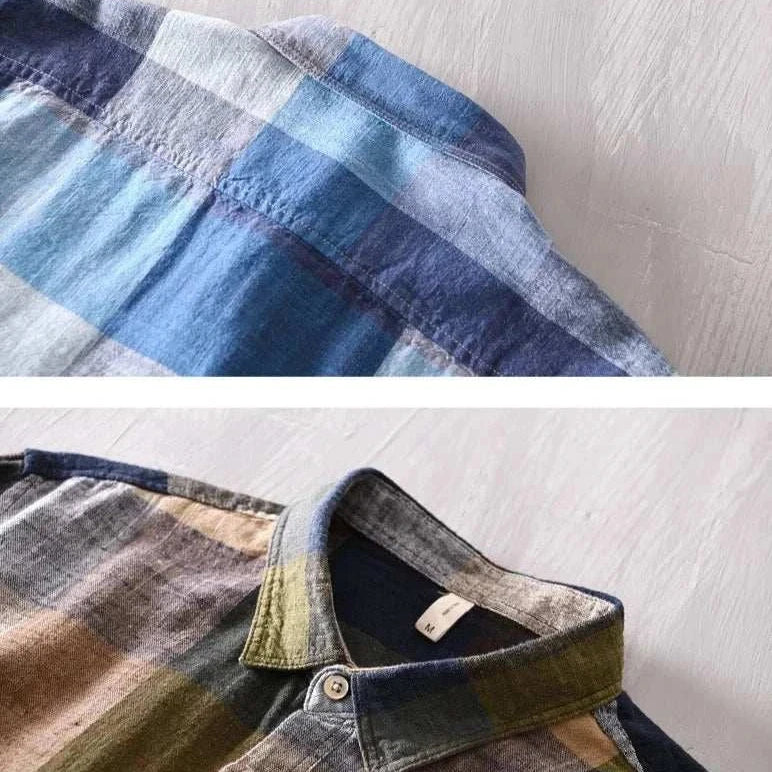 Linen-cotton plaid shirt for men, casual and elegant style, spring/summer wear.