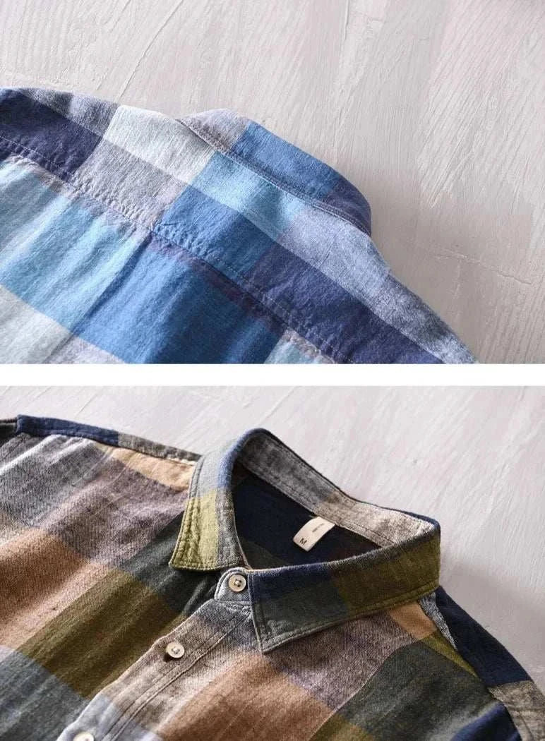 Linen-cotton plaid shirt for men, casual and elegant style, spring/summer wear.