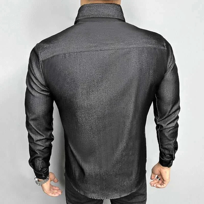 Men's black office outfit suit long sleeve shirt, casual and elegant style.