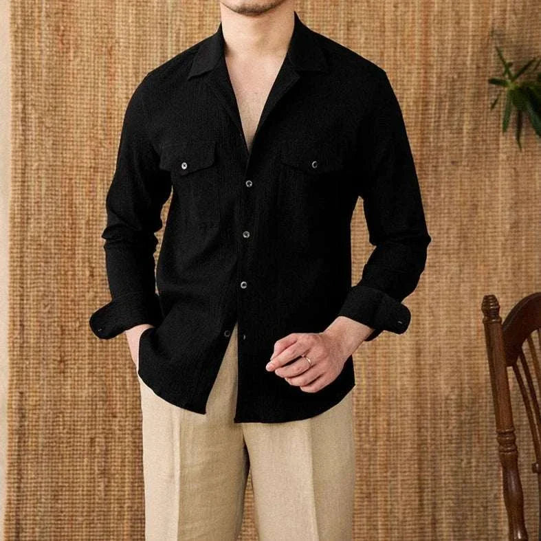 Cuban collar relaxed fit elegant black shirt for men, perfect for spring and summer office or casual wear.