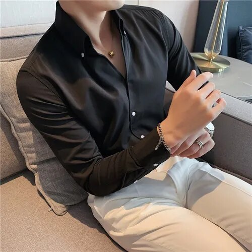 Italian slim-fit shirt for men in black with classic collar, styled for casual and elegant wear.