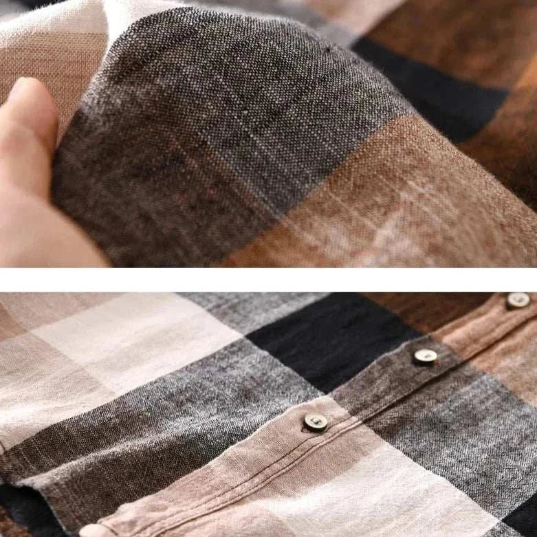 Linen-cotton plaid shirt in earthy tones for spring and summer, showcasing button details and breathable fabric.