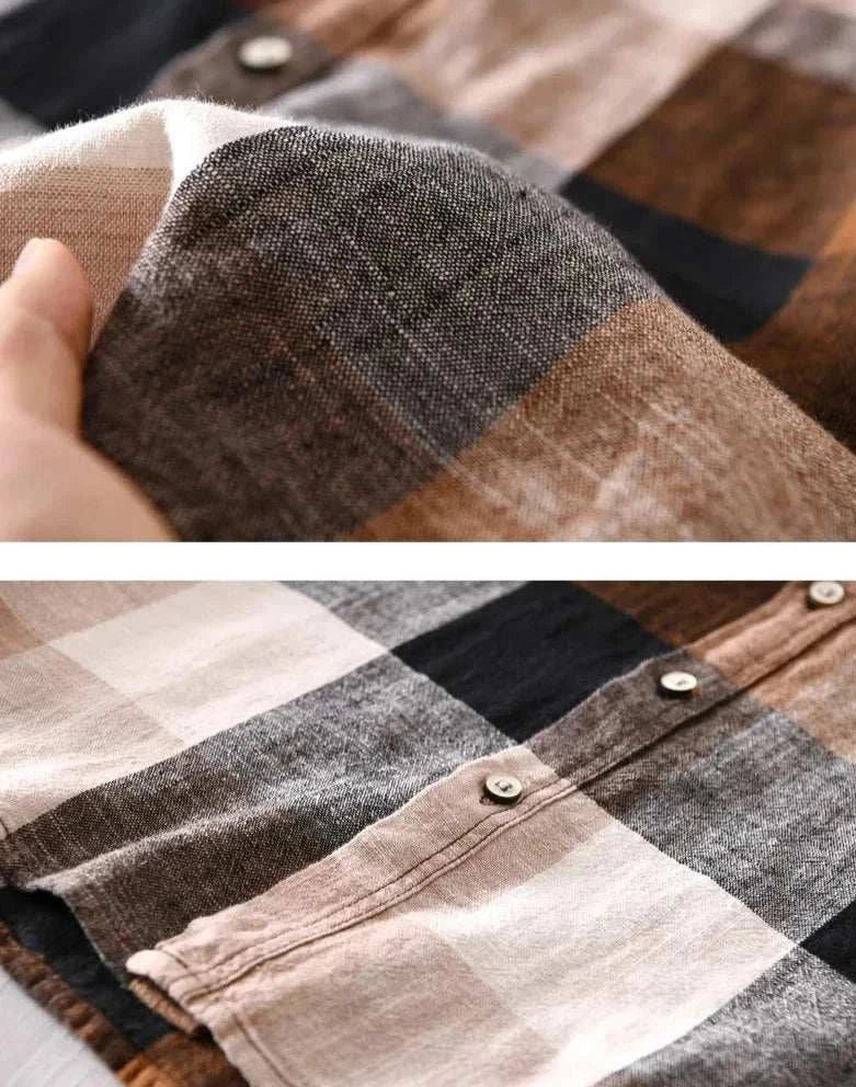 Linen-cotton plaid shirt in earthy tones for spring and summer, showcasing button details and breathable fabric.
