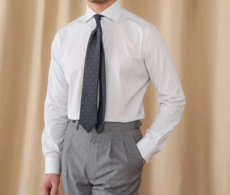 Business slim fit long sleeve premium men's shirt in white with a tie, professional attire.