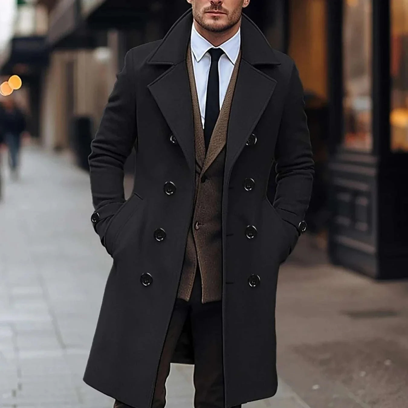 Men's casual British long coat in high-quality polyester, perfect for autumn and winter.