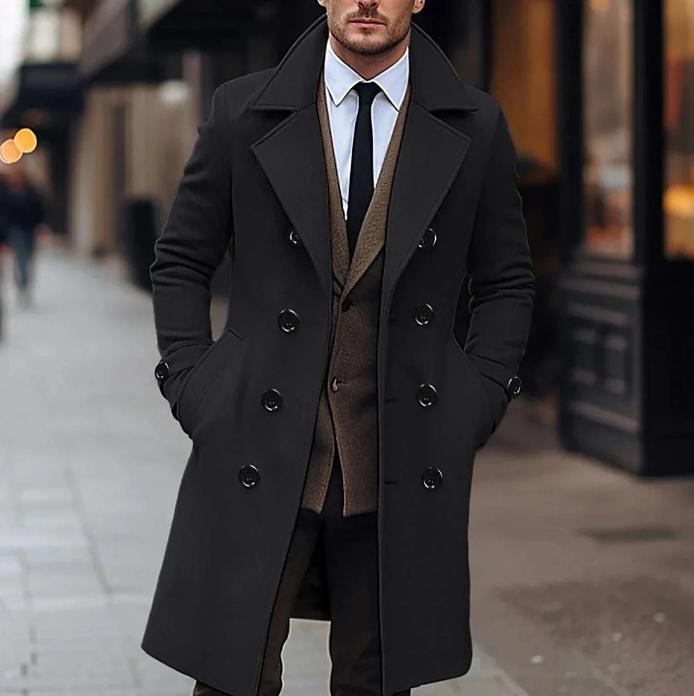 Men's casual British long coat in high-quality polyester, perfect for autumn and winter.