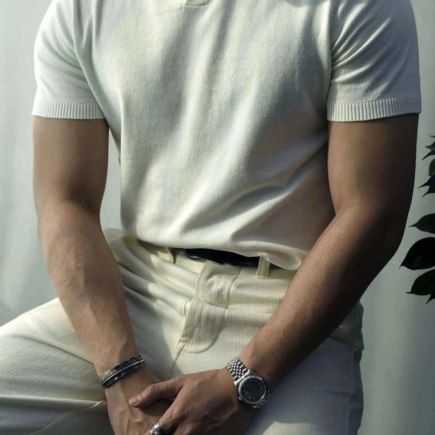 Old money American polo t-shirt for men in white, casual and elegant style, spring/summer wear.