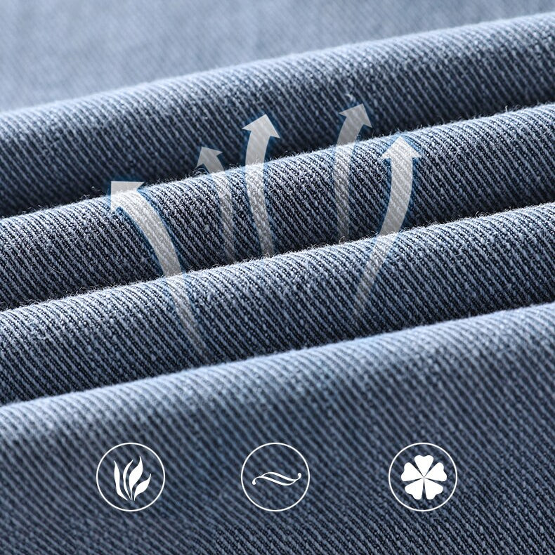 Close-up of breathable blue denim fabric showcasing the texture and breathable feature of Vinny Denim Joggers.