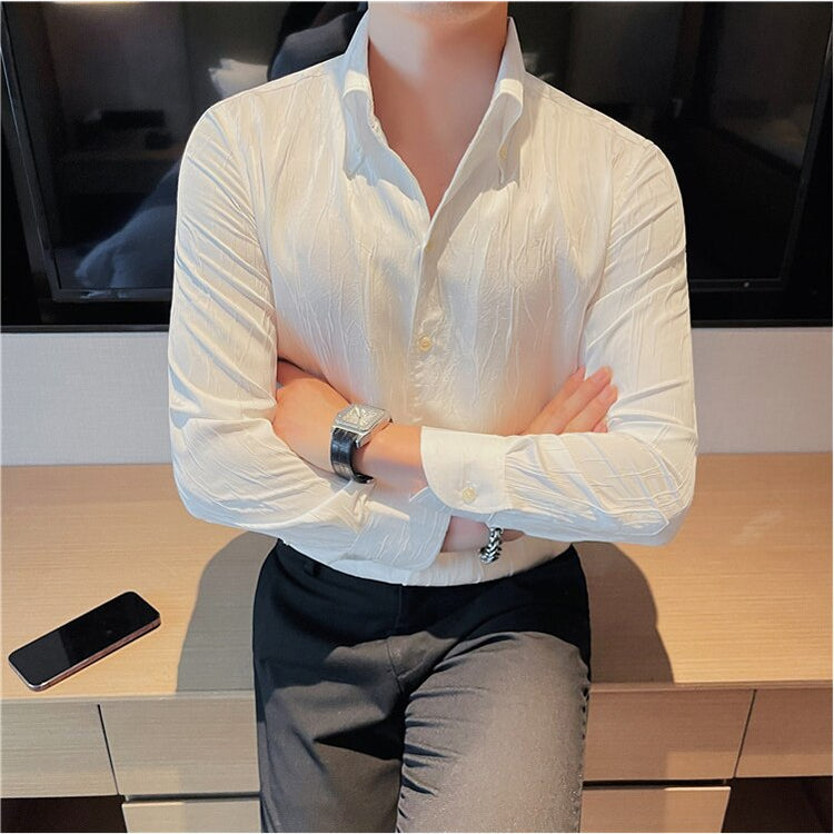 LUXE Long-Sleeve Shirt in white, cotton and linen blend, stylish fit, adaptable for all seasons, men's casual wear.