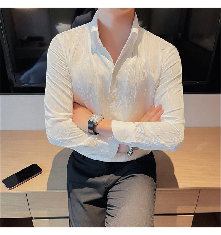 LUXE Long-Sleeve Shirt in white, cotton and linen blend, stylish fit, adaptable for all seasons, men's casual wear.