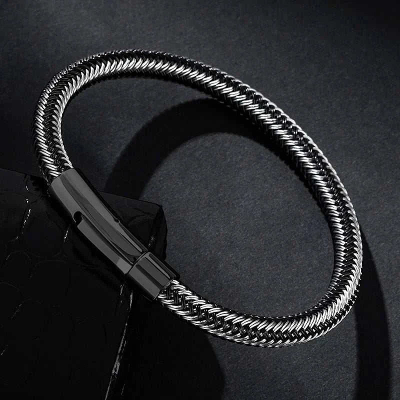 Thin wire stainless steel bracelet with PU, sleek and stylish design.
