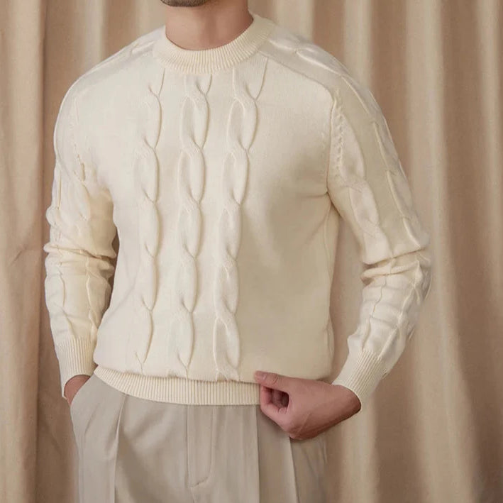 Round neck vintage sweater in cream color worn by a man.