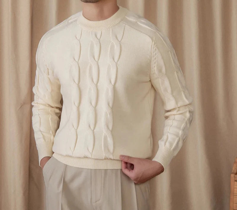 Round neck vintage sweater in cream color worn by a man.