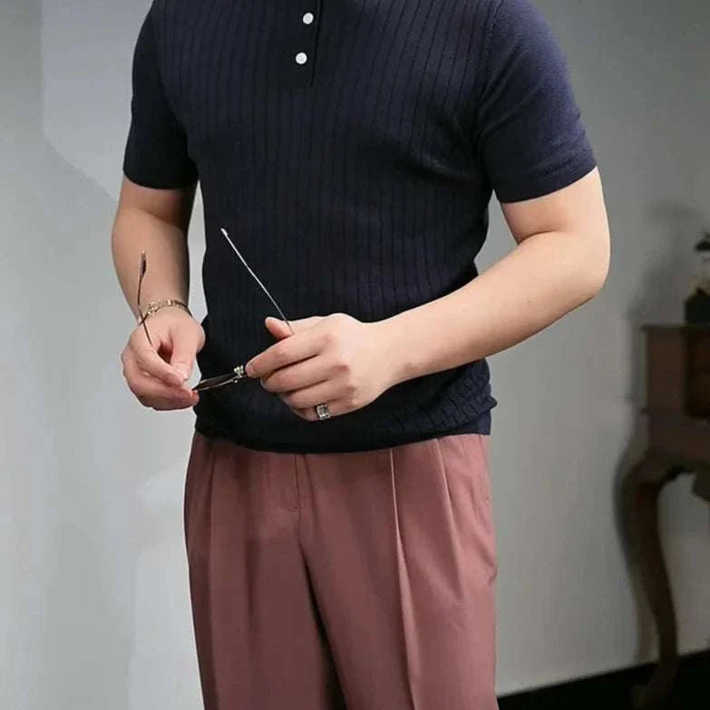 Men's British polo collar t-shirt with stripe pattern, ideal for spring/summer office wear.