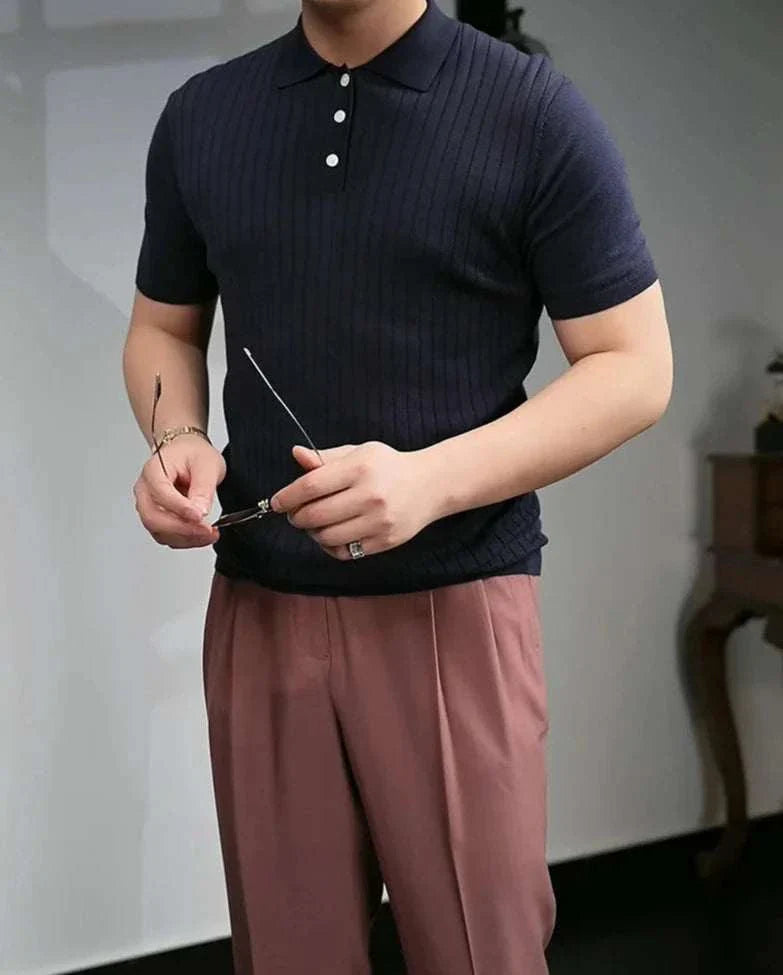 Men's British polo collar t-shirt with stripe pattern, ideal for spring/summer office wear.