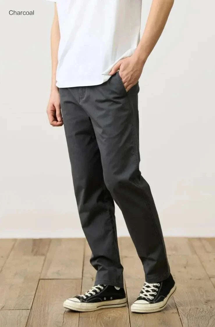 Classic charcoal chino pants made with cotton and spandex for comfort and style.