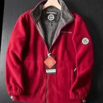 Norway puffer jacket in red on hanger, stylish and warm men's wear.