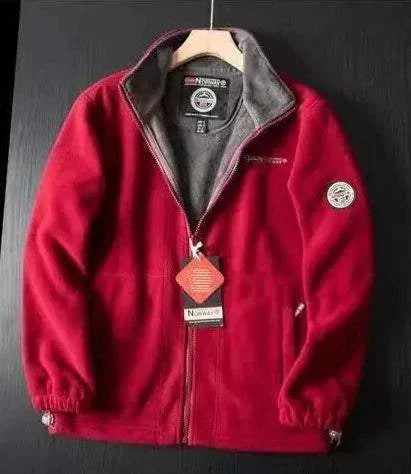 Norway puffer jacket in red on hanger, stylish and warm men's wear.