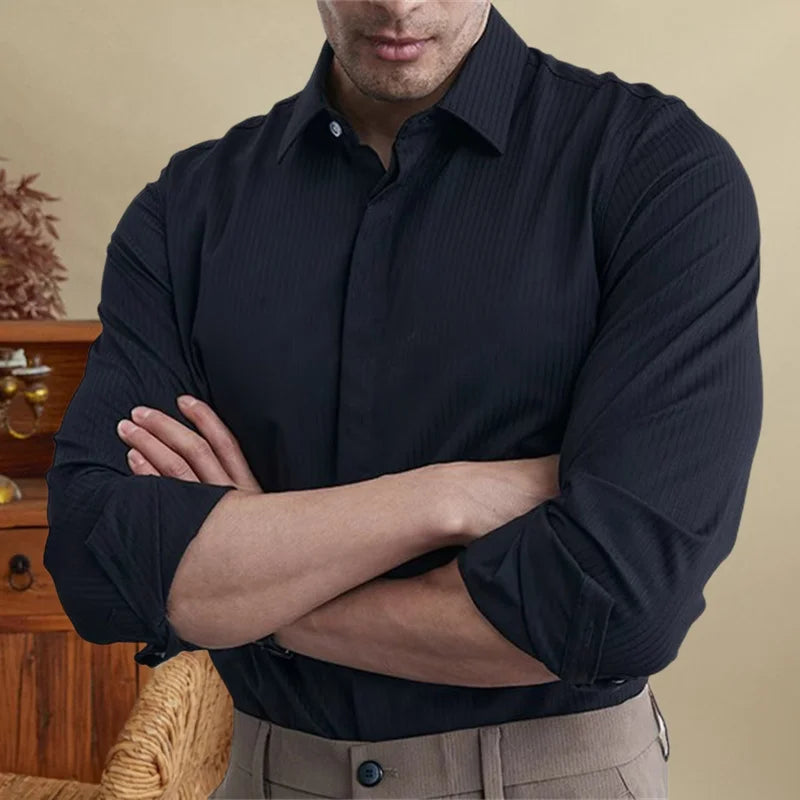 Men's British striped tuxedo shirt in black, perfect for office wear, comfortable polyester blend.