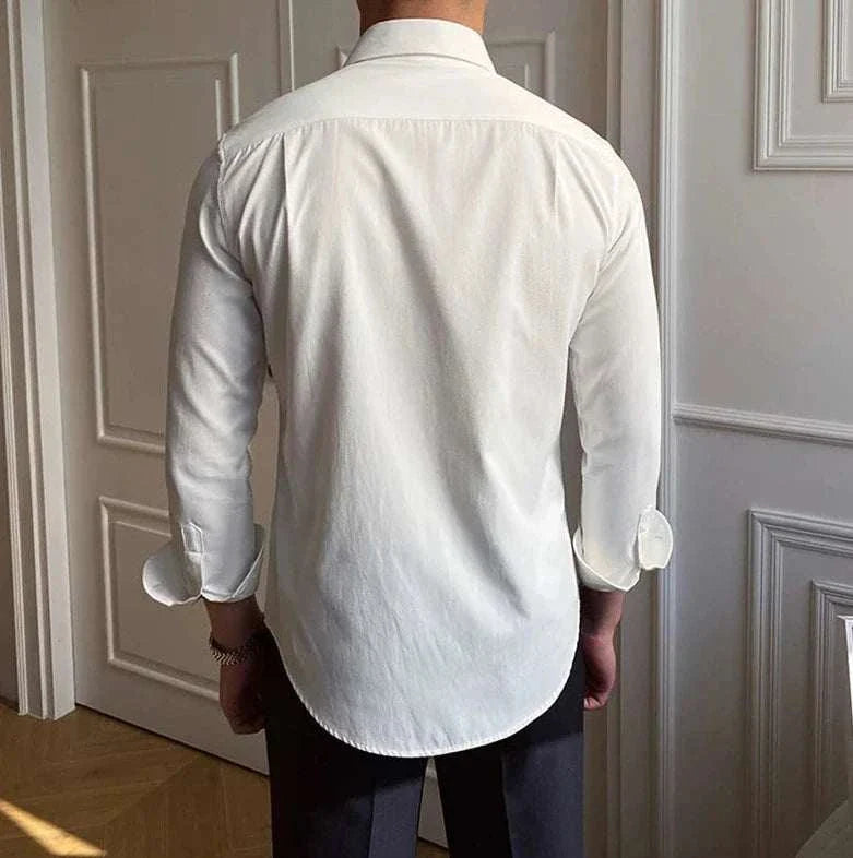 Business collar long sleeve shirt for men, white, solid pattern, polyester material.