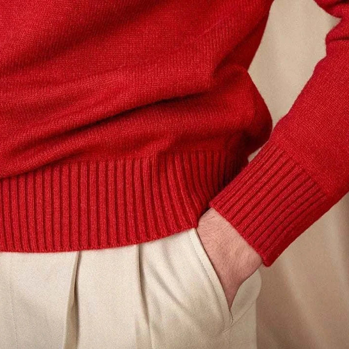 Japanese casual winter sweater in red, cotton and wool blend, cozy and stylish design for men.