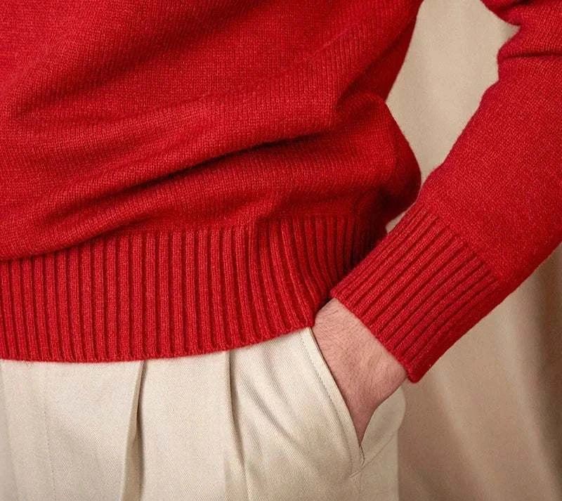 Japanese casual winter sweater in red, cotton and wool blend, cozy and stylish design for men.