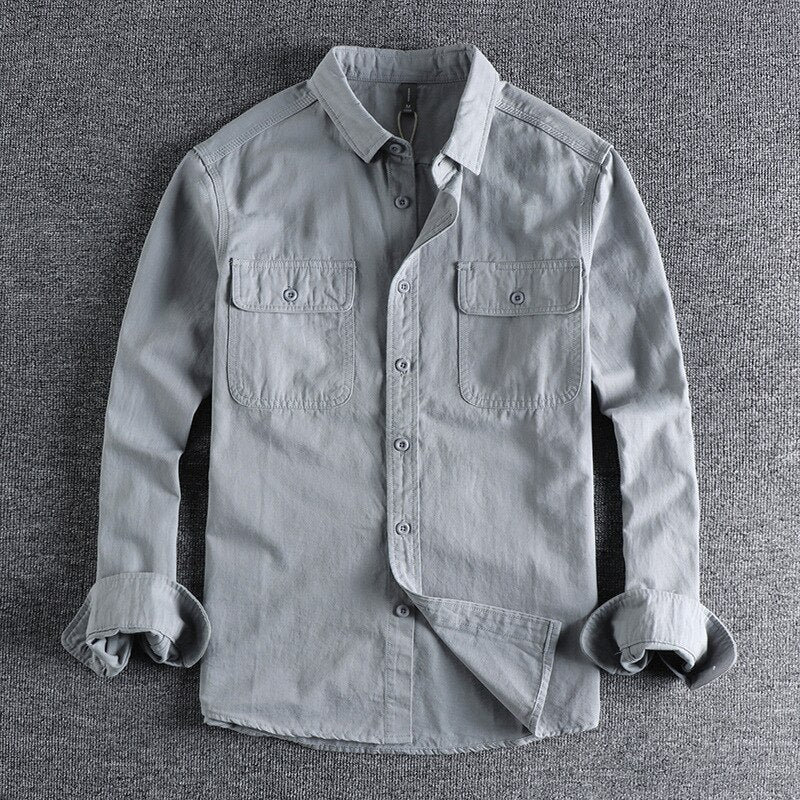 Vintage-Retro Cotton Shirt with buttoned front, long sleeves, and two chest pockets.