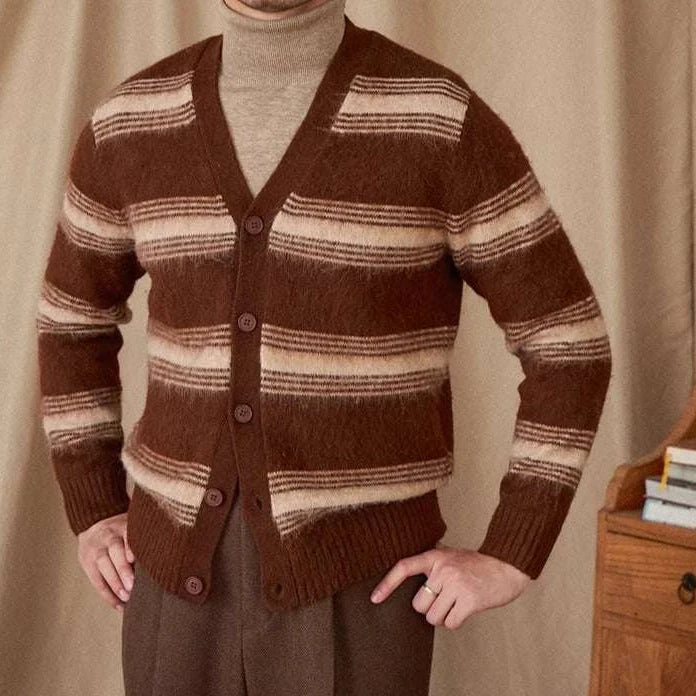Antonios striped wool v-neck cardigan for men, perfect winter layering essential.