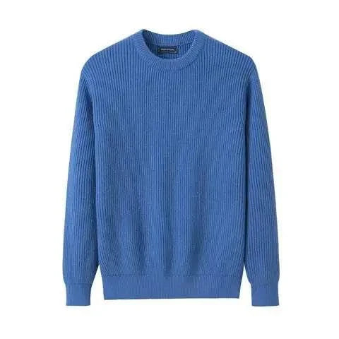Antonios solid round neck knit sweater in blue made from high-quality wool.