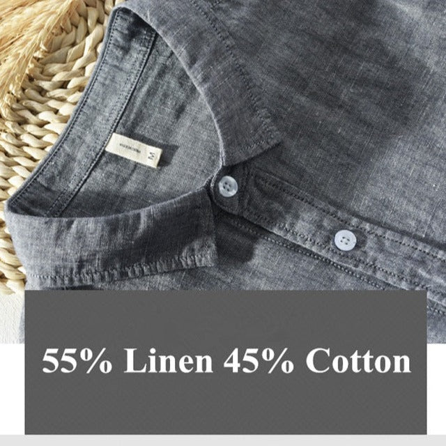 details of grey long sleeve casual shirt made of cotton and linen for men