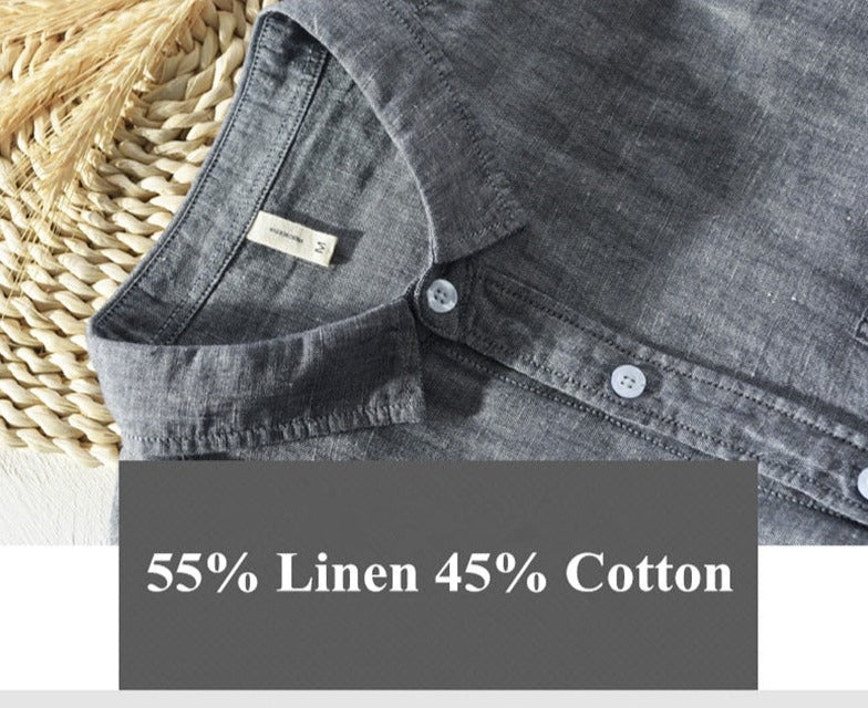 details of grey long sleeve casual shirt made of cotton and linen for men