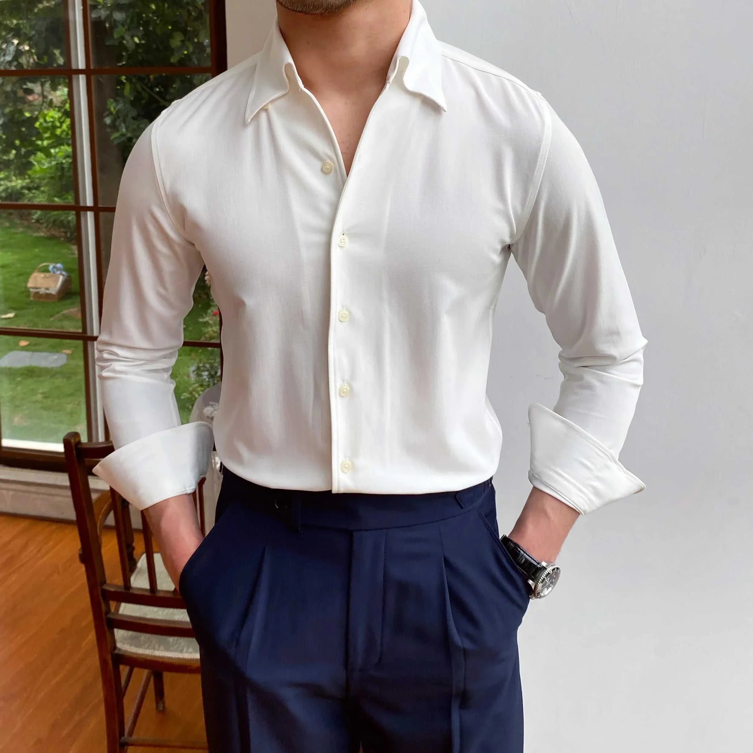 Antonios British casual shirt for men, white solid polyester fabric, classic collar, versatile style.