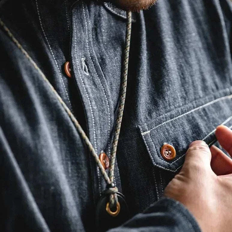 RETRO denim solid long-sleeve shirt in cotton fabric, perfect for spring and summer.