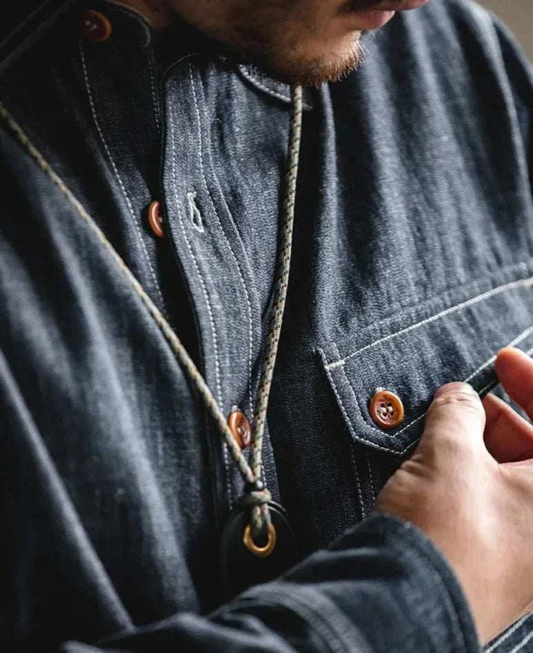 RETRO denim solid long-sleeve shirt in cotton fabric, perfect for spring and summer.