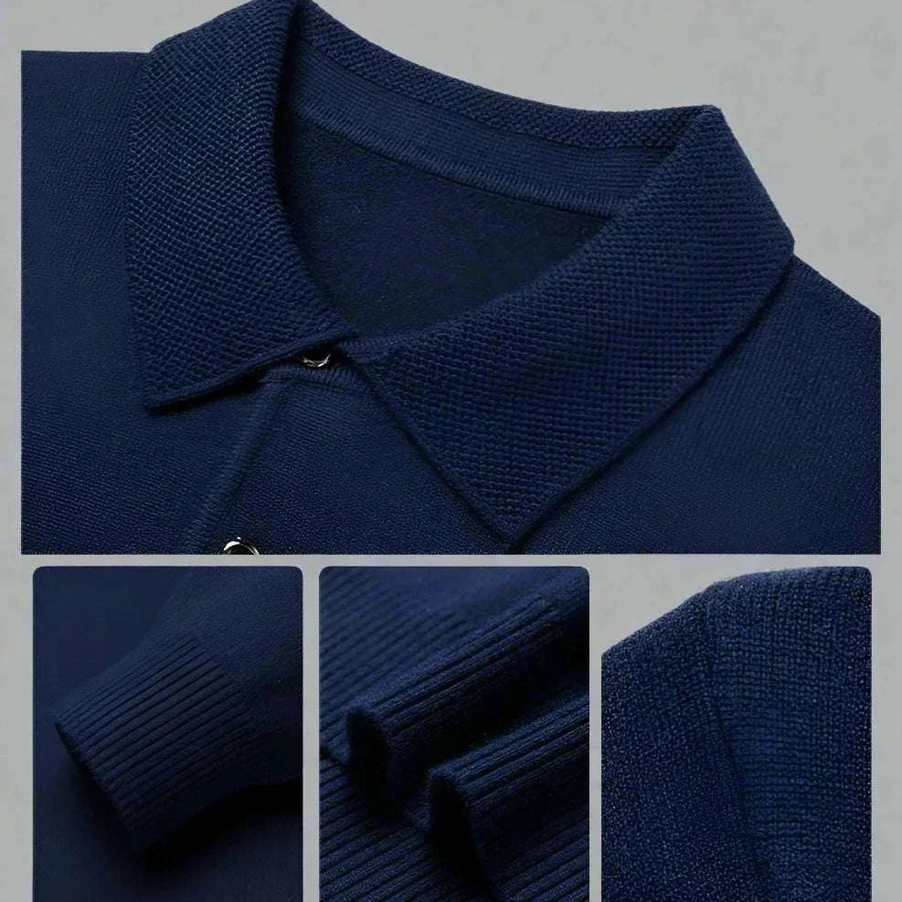 Antonios polo sweater with buttons in navy blue showcasing collar and sleeve details.