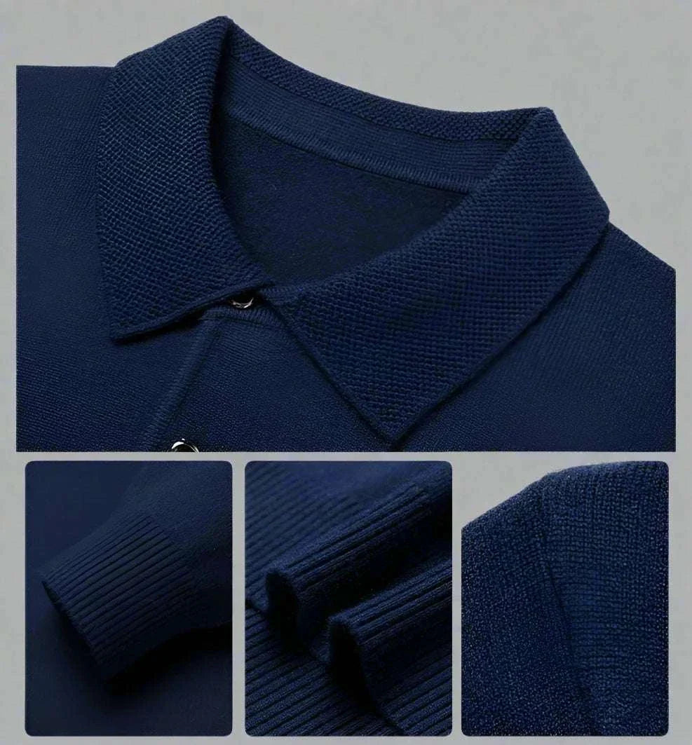 Antonios polo sweater with buttons in navy blue showcasing collar and sleeve details.