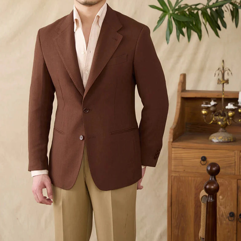 Men's business linen relaxation jacket in brown, stylish winter wear.