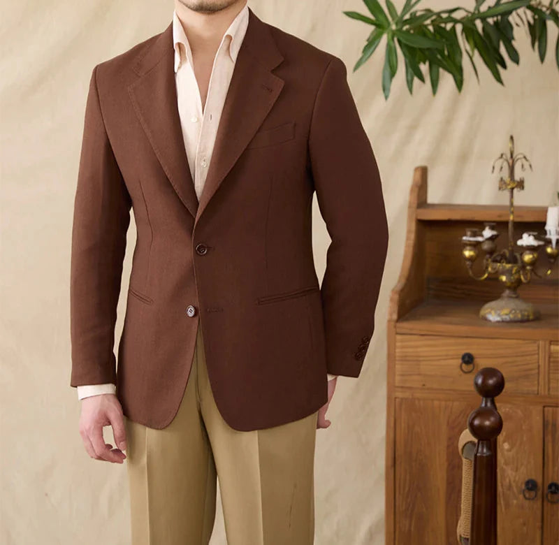 Men's business linen relaxation jacket in brown, stylish winter wear.