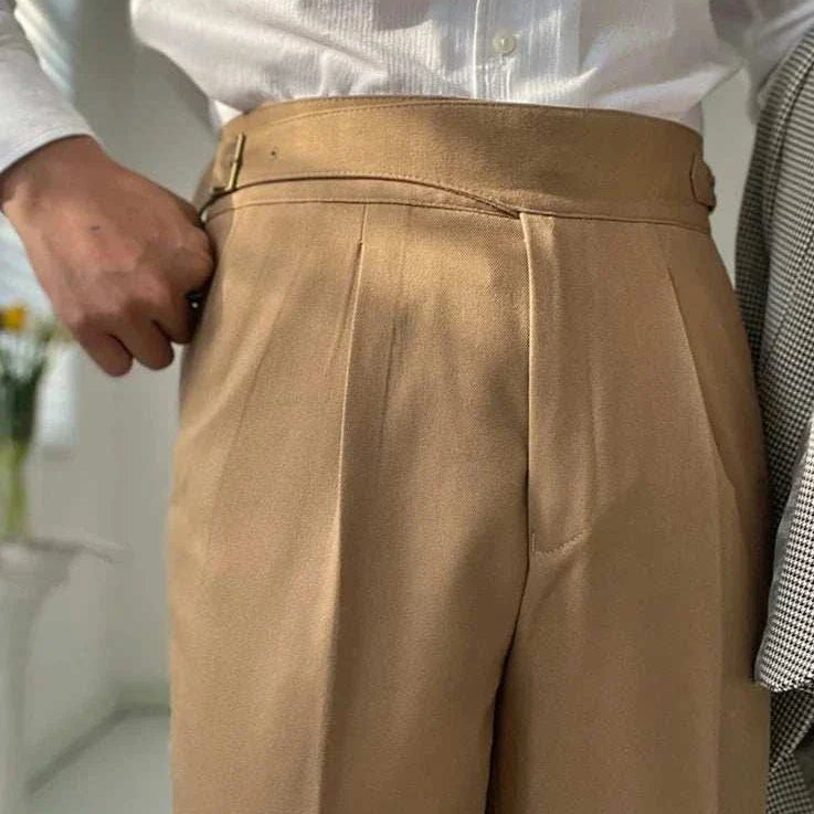 High waist gentleman trousers in beige, polyester, smart casual style.