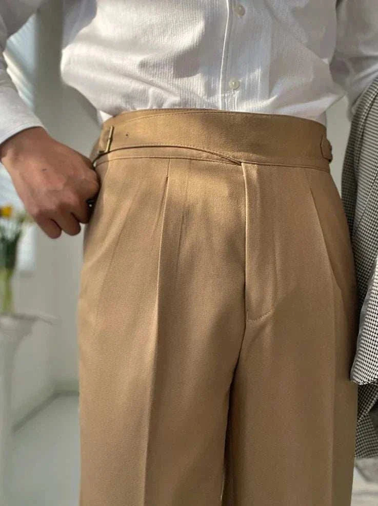 High waist gentleman trousers in beige, polyester, smart casual style.