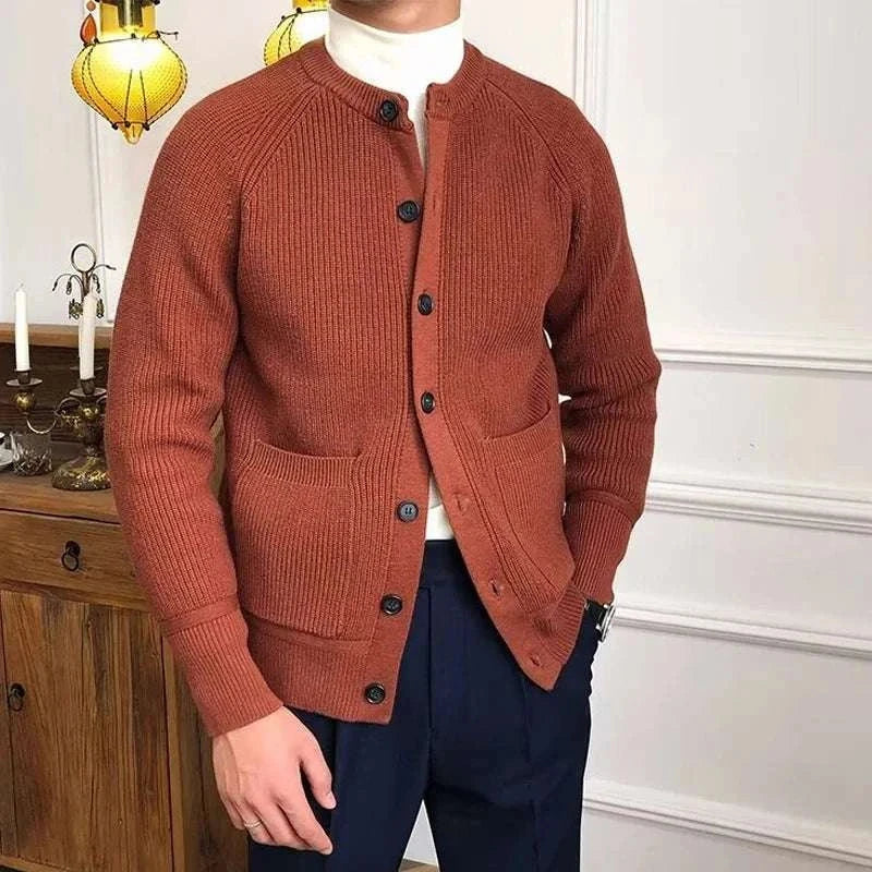 Men's Antonios winter cardigan in rich brown, featuring a cozy cotton blend design and button-up front.