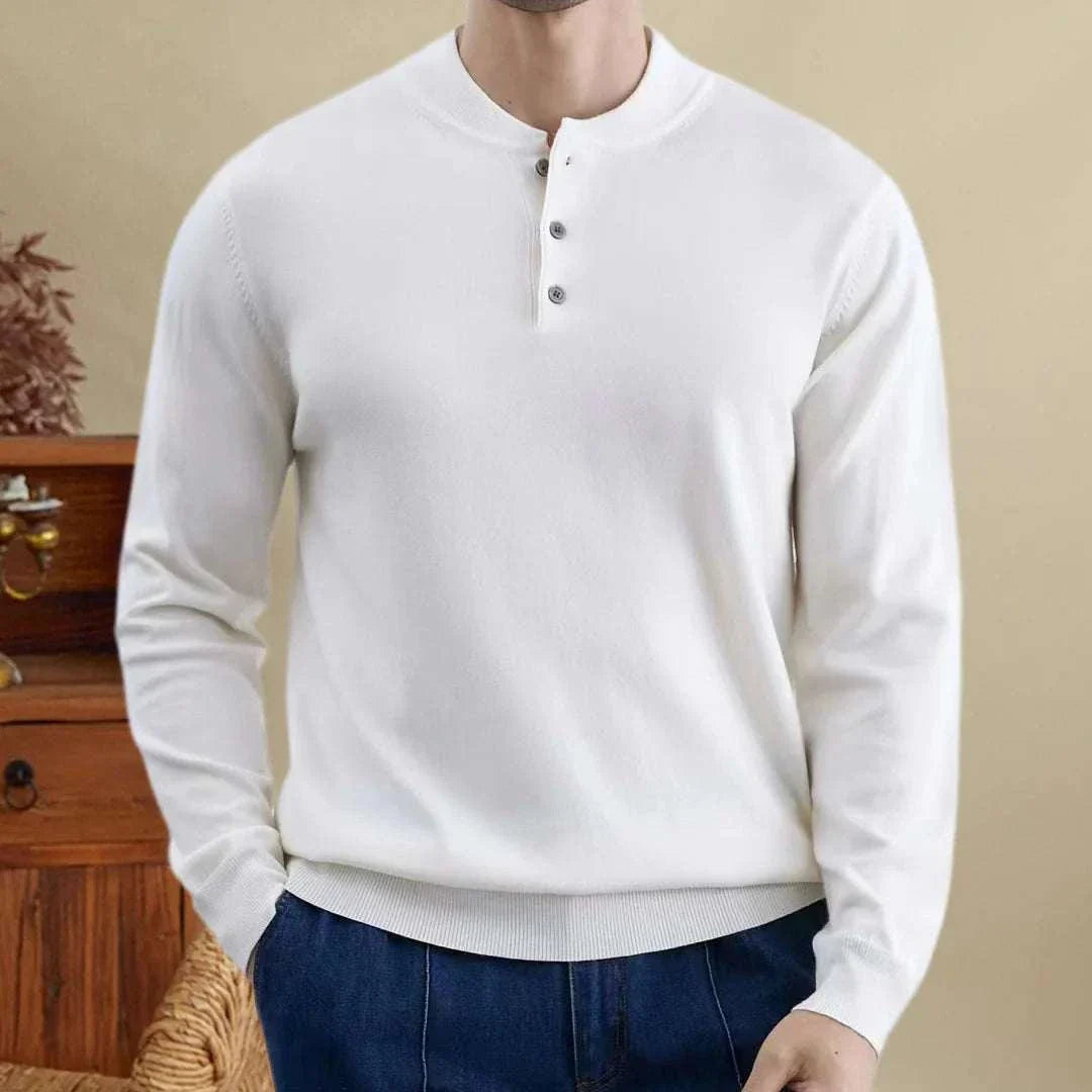 Men's autumn Korean premium sweater with buttons in white, made from wool-polyester blend.