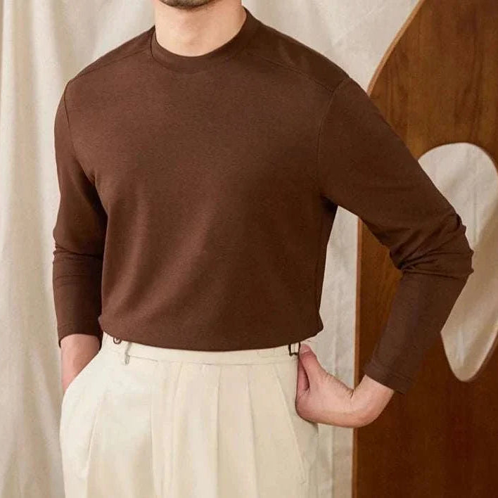 Slim fit smart casual premium sweater for men in brown, long sleeve, polyester and wool blend.