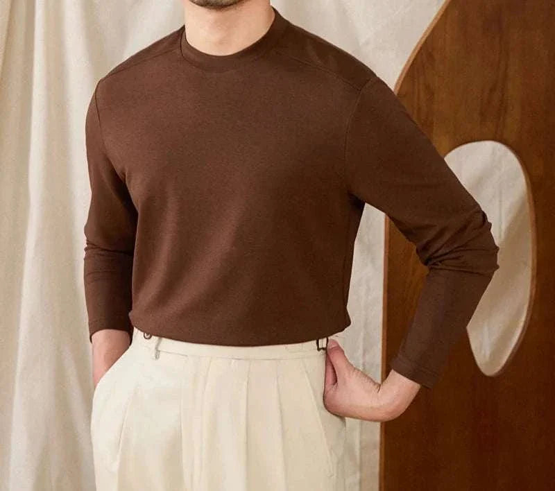 Slim fit smart casual premium sweater for men in brown, long sleeve, polyester and wool blend.