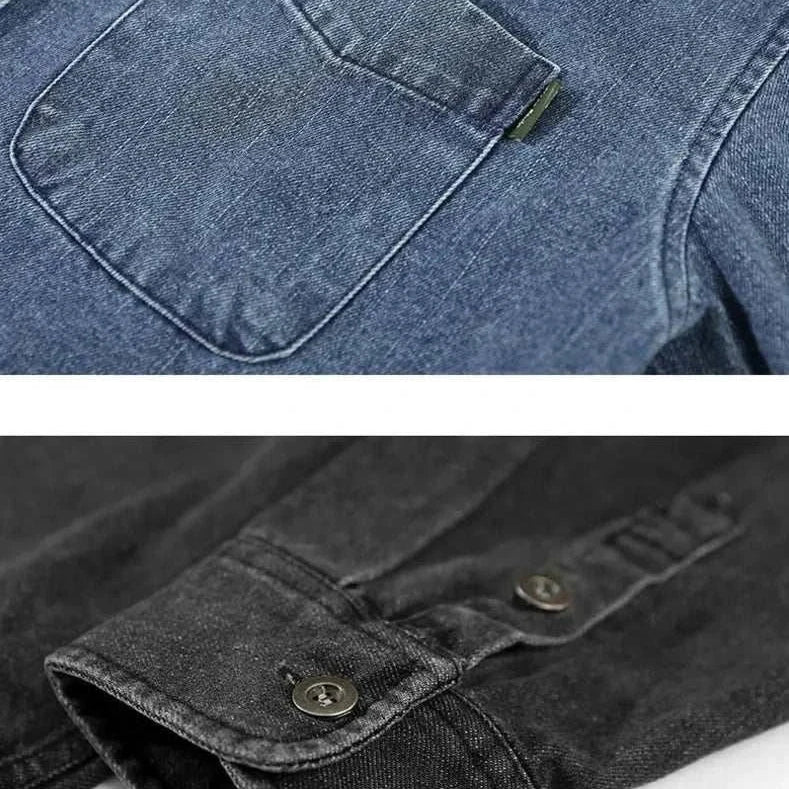 Close-up of retro vintage denim shirt pocket and sleeve, showcasing solid pattern and craftsmanship for spring/summer comfort.