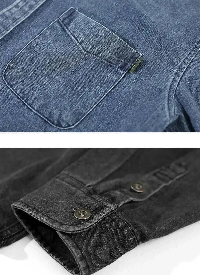 Close-up of retro vintage denim shirt pocket and sleeve, showcasing solid pattern and craftsmanship for spring/summer comfort.