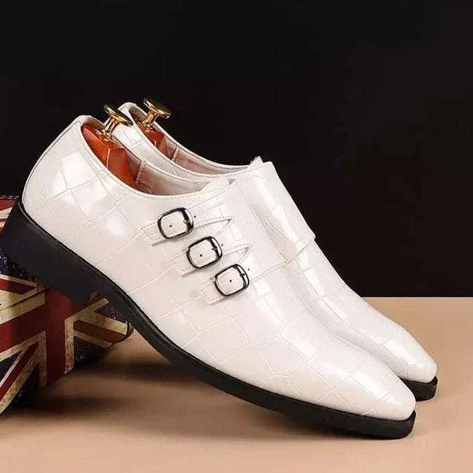 White Oxford triple strip-on shoes with intricate perforations and cushioned insole for men.