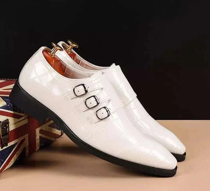 White Oxford triple strip-on shoes with intricate perforations and cushioned insole for men.