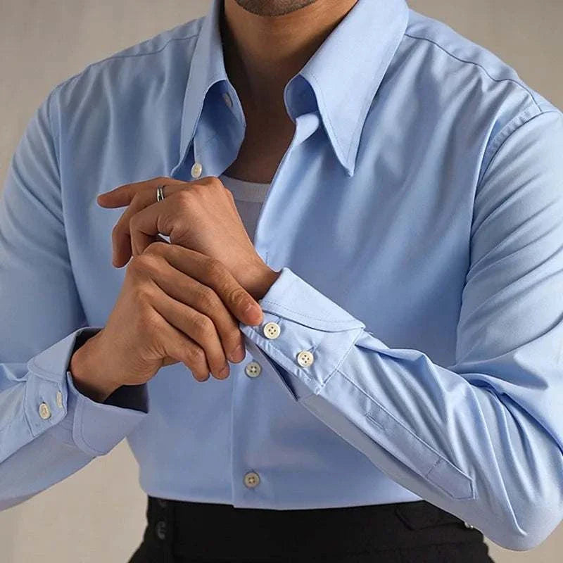 Men's party tuxedo long sleeve shirt in blue, elegant and comfortable design.