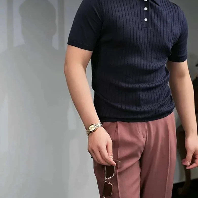 Men's British polo collar t-shirt in stripe pattern, smart casual design for office wear.